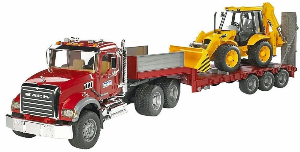 Bruder Mack Granite Flatbed Truck with JCB Loader Backhoe 